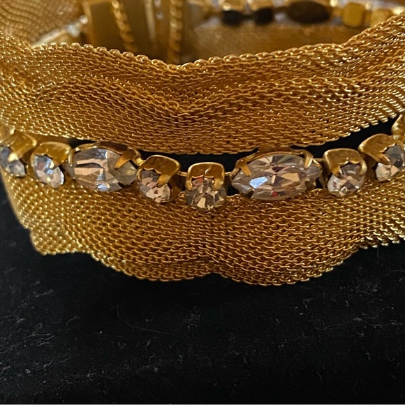 Wide Gold Mesh Bracelet with Clear Prong set Rhinestone Row. 7” - Picture 10 of 11